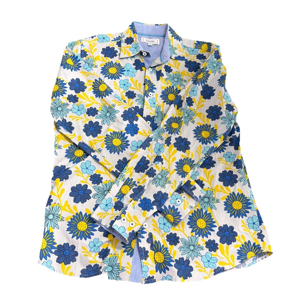 Smash Small Men's Long Sleeve Shirt Flowers Retro Blue Yellow Shirt
